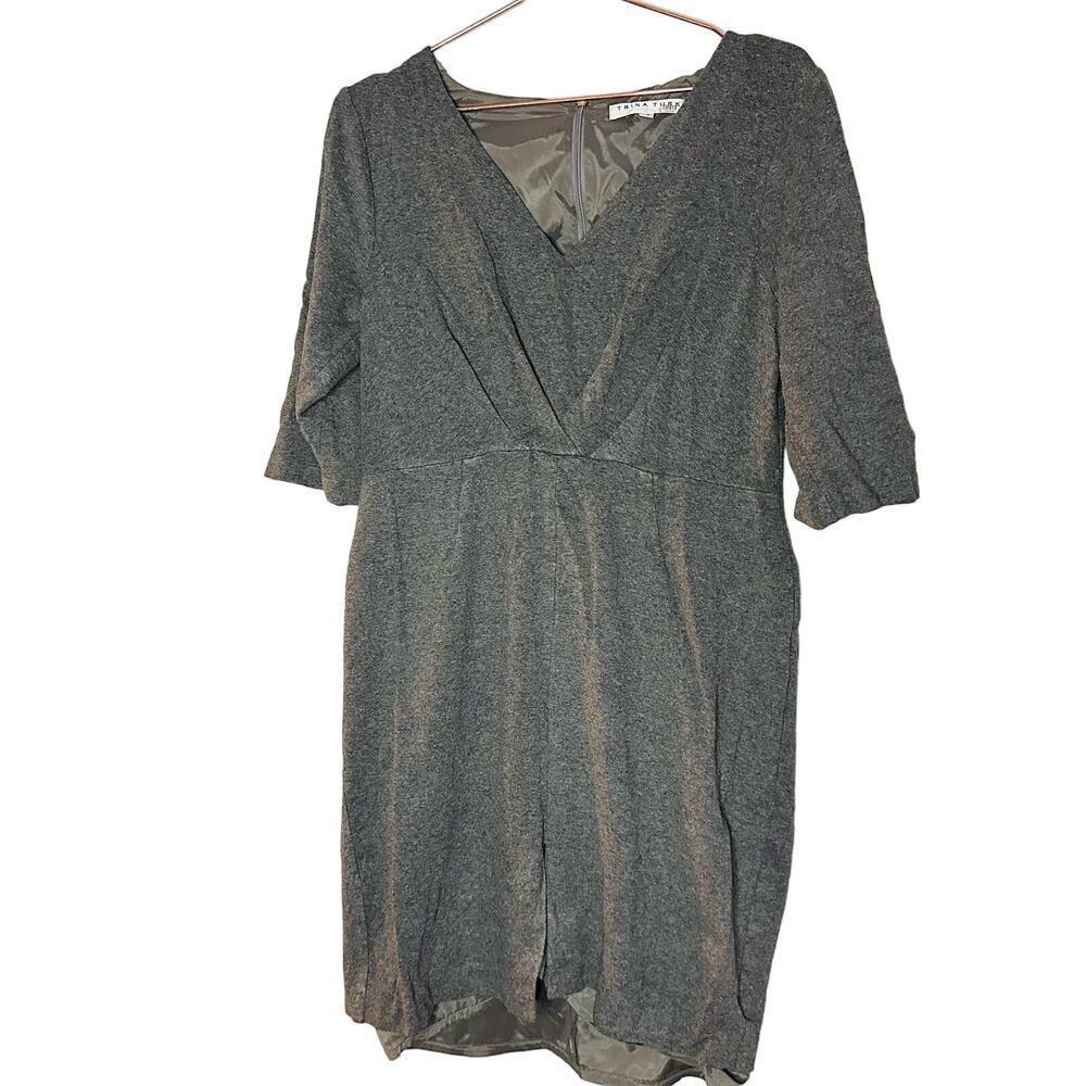 TRINA TURK Women's Grey V-Neckline Short Sleeve Ruched Mini Dress Size 14